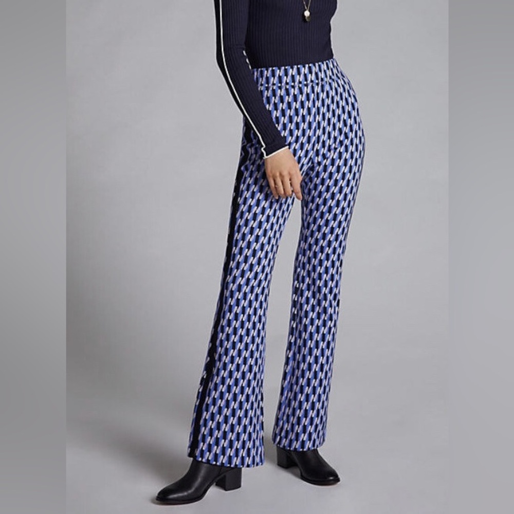 Maeve Anthropologie Blue and White Patterned Wide Leg Pants